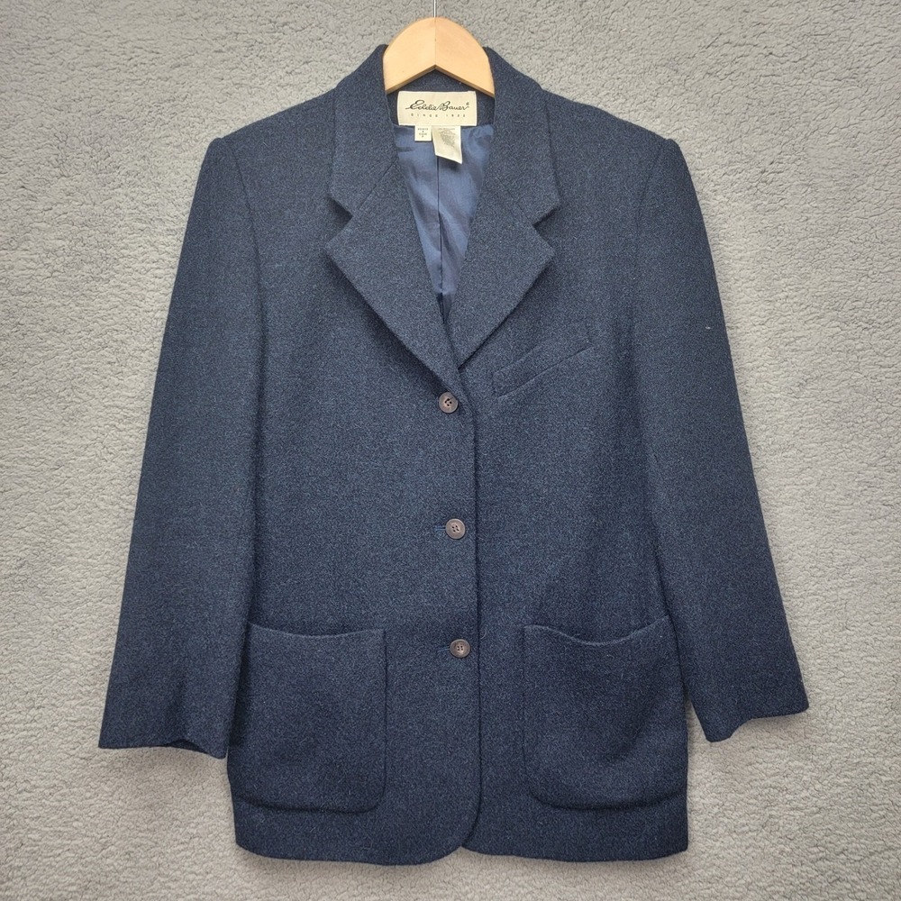 Eddie Bauer 100% Wool Classic Blue Blazer Jacket Lined Womens Sz S